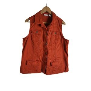 Chicos Platinum Burnt Orange Embroidered Denim Vest Jacket Size 2 Large Rust